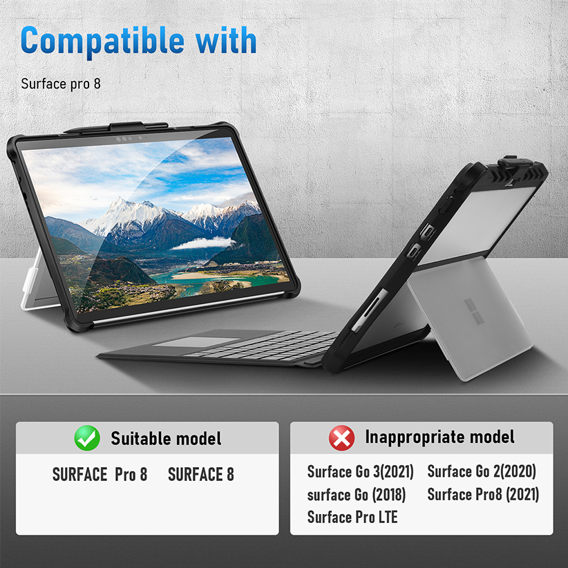 Case for Microsoft Pro 8 Case 13 inch 2021,Shockproof Folio Protective Rugged Cover Compatible with Type Cover Keyboard + Original Kickstand, Frost Clear